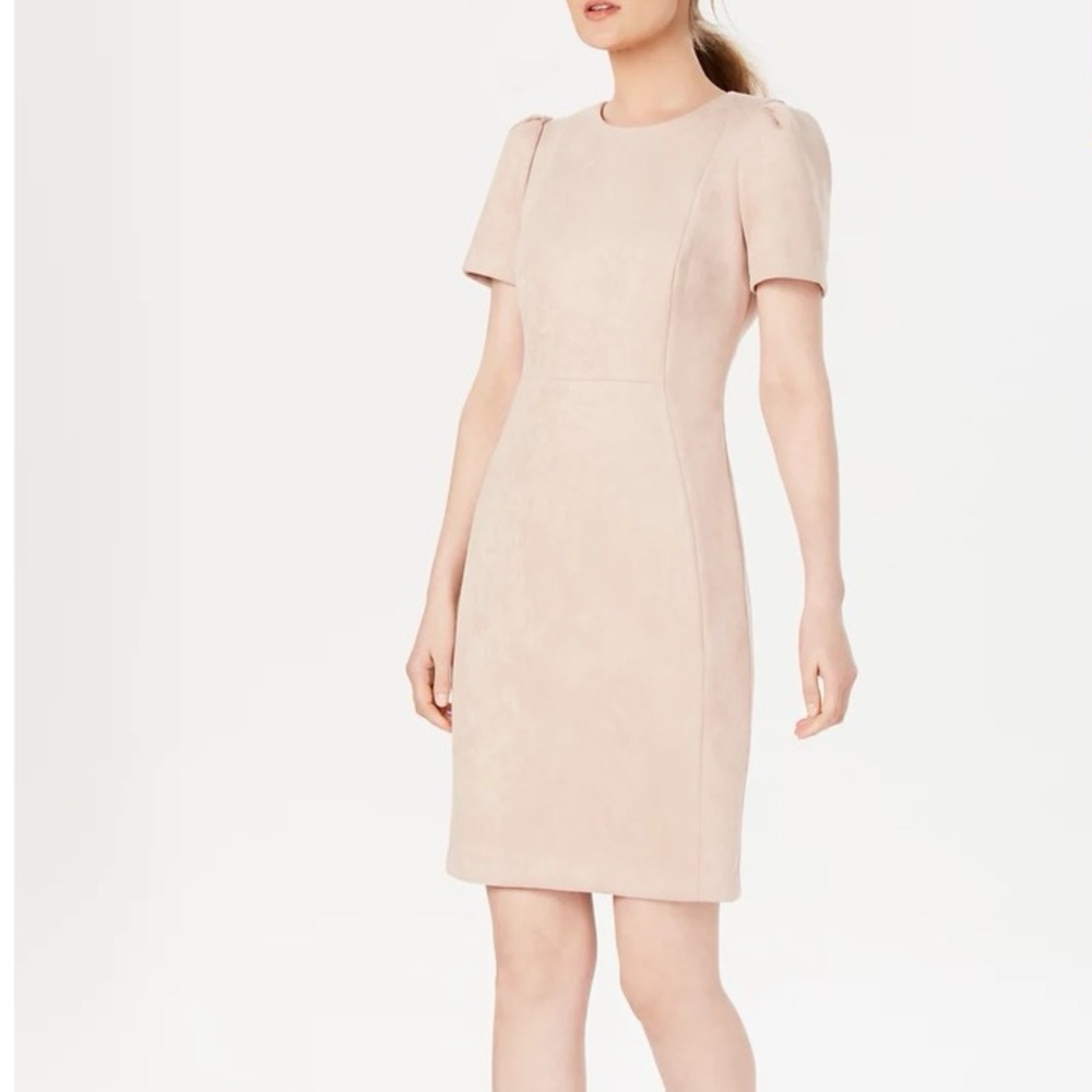 Calvin Klein Tan Sheath Mini Dress Puff Sleeve